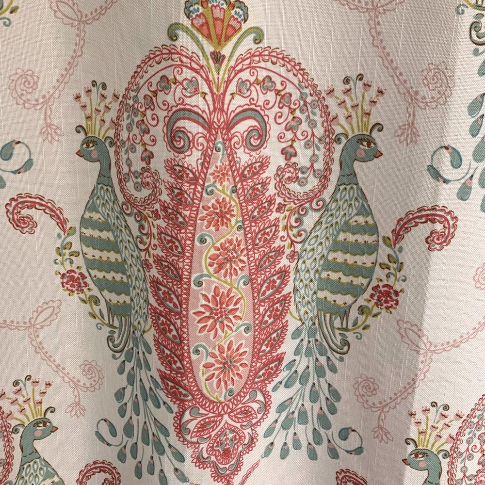 Pink and Green Peacock Shower Curtain with ruffle
